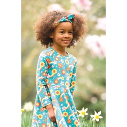 Dress - SKATER - Long sleeves - Frugi - FLOWERS -  DAHLIA - Teal Flowers Rainbow Skies Bee