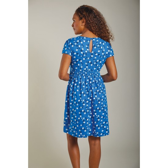 ADULT- Dress - FRUGI - Laurel - Cobalt Blue Daisies Flower - UK 14 - last size