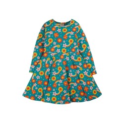 Dress - SKATER - Flowers - Long sleeves - Frugi - DAHLIA - Teal Flowers Rainbow Skies Bee