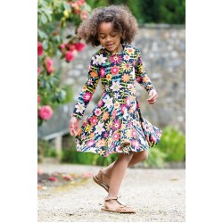 Dress - SKATER - Flowers - Long sleeves - Frugi -  DAHLIA - Navy blue indigo Flower Fields