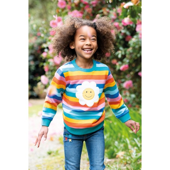Jumper - Frugi - Sweatshirt - Sammy -  Mid Pink Rainbow Stripe and Daisy Flower