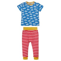 Set - 2pc - Frugi - Orwin - VEHICLES - Cornish Blue Land Sea Rides top and Red Stripe leggings