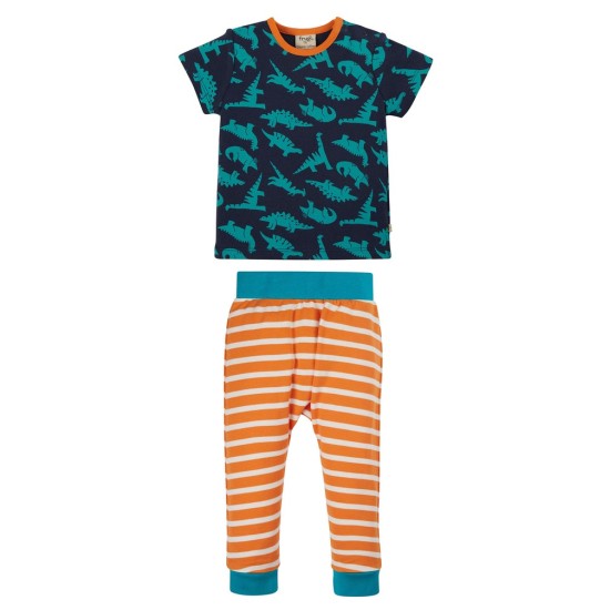 Set - 2pc - Frugi - Orwin - DINOSAURS - Dinosaurs Top and Marigold Orange Stripe leggings