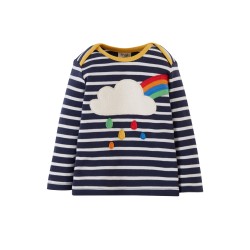 Top - Frugi - Bobby - Navy Blue stripe and Rainbow cloud