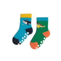 Socks - Warm - Frugi - 2pc - Grippy Trry socks - WHALE and DINO - 0-6m 6-12m, 1-2y 