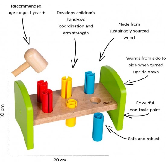 Toys - Wooden - Educational - ROCKING POUNDING BENCH - wooden hammer and 6 peg bench