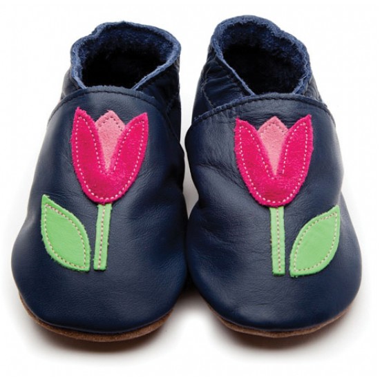 Shoes and Slippers - Soft leather baby slipper shoe - Tulip - Navy and pink