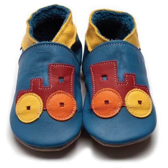 Shoes and Slippers - Soft leather baby slipper shoe - TRAIN - Blue Toot Train - 0-6m last size
