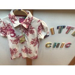 - Top - Joules - Collar Polo - Crème and Pink Posy - 5yr Height 110cm