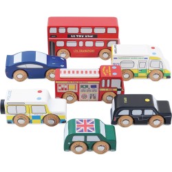 Toys - Vehicles - CARS -  London Themed - a double decker bus, a black taxi, a fire engine, a police van, an ambulance and 2 sporty cars 