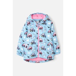 COAT - AMELIA - Sky Blue Farm Print with Pink fleece lining