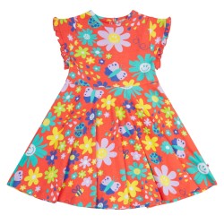 Dress - SKATER - Short sleeves - Piccalilly - FLOWERS - Daisy Orange Power - flowers , ladybirds and butterflies 