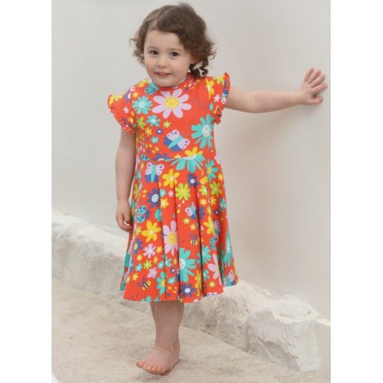 Dress - SKATER - Short sleeves - Piccalilly - FLOWERS - Daisy Orange Power - flowers , ladybirds and butterflies 