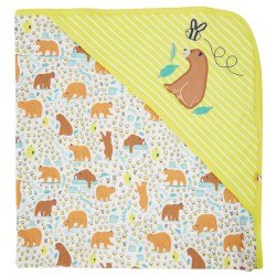 Muslins and blankets - Blanket - BEAR - Hooded Baby Shawl - Baby Bear and yellow  soft stripe - unisex - 75 x 75cm 