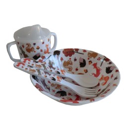 Dining Set - Melamine - BABY - WOODLAND - beaker, bowl, fork and spoon - last one