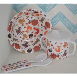 Dining Set - Melamine - BABY - WOODLAND - beaker, bowl, fork and spoon - last one