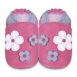 Shoes and Slippers - Soft leather baby slipper shoe - FLOWERS - Cerise Pink 3 flowers  18-24m last size