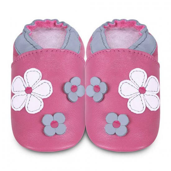 Shoes and Slippers - Soft leather baby slipper shoe - FLOWERS - Cerise Pink 3 flowers  18-24m last size