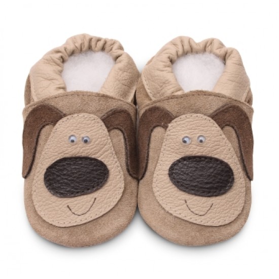 Shoes and Slippers - Soft leather baby slipper shoe  - DOG - Sand Beige Puppy Dog - 0-6m last size