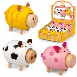 Toys - WOODEN - NOISY FARM ANIMALS - yellow sheep, white cow and pink  pig  - 12m plus  