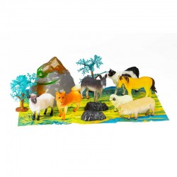 Toys - Farm Animals figures - seven farm animals , fold out scenery and tree and rock models -  large tub