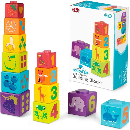 Toys - Wooden - SORTER - Shape Sorting Building Blocks - 12m+ - numbers, animals amd colours 