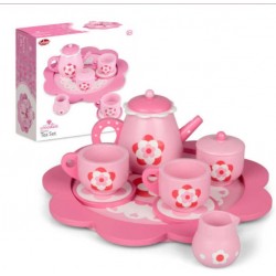 Toys - TEA SET - Wooden - Pink FLOWER  - Tray, teapot, sugar bowl, jug and two cups with saucers - 24cm 