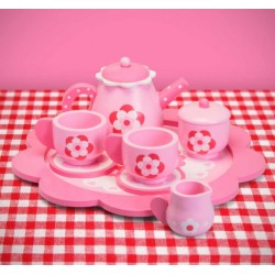 Toys - TEA SET - Wooden - Pink FLOWER  - Tray, teapot, sugar bowl, jug and two cups with saucers - 24cm 