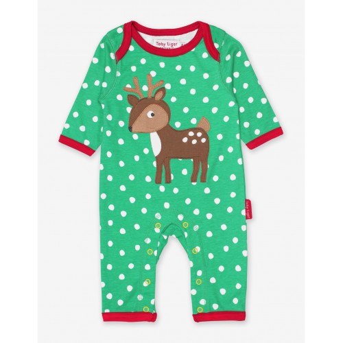 Babygrow - Toby Tiger - Organic Cotton - Applique Romper Sleepsuit - Green Deer 3-6m- last item - 45% off clearance -SALE