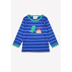 Top - DINOSAURS - Toby Tiger - T- REX and volcano - Tonal Blue and Green stripe 