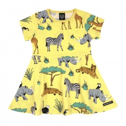 Dress - SKATER - Short sleeves - Villervalla - SAFARI - Yellow - Rhino, giraffe, zebra. tiger, ostrich, toucan and more .