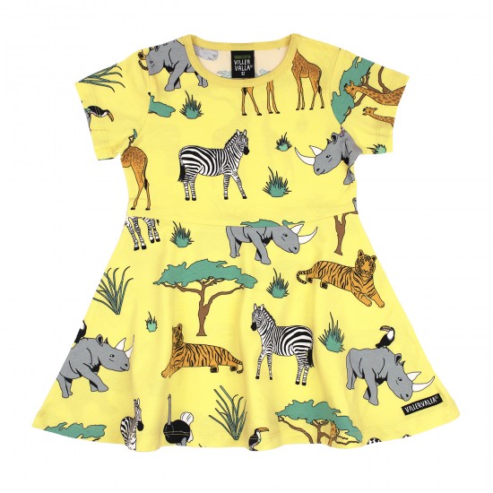 Dress - SKATER - Short sleeves - Villervalla - SAFARI - Yellow - Rhino, giraffe, zebra. tiger, ostrich, toucan and more .