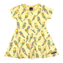 Dress - SKATER - Birds - Short sleeves - Villervalla - parakeet parrot - yellow lemon 