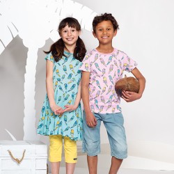Dress - SKATER - Birds - Short sleeves - Villervalla - parakeet parrot - yellow lemon 