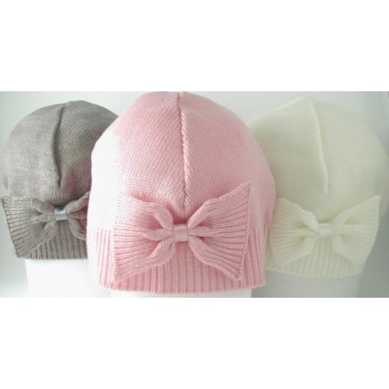 Hat - Winter - GIRLS - BOW - Elegant knitted basic hat - with bow - Cream -  1-2y , 3-5y 